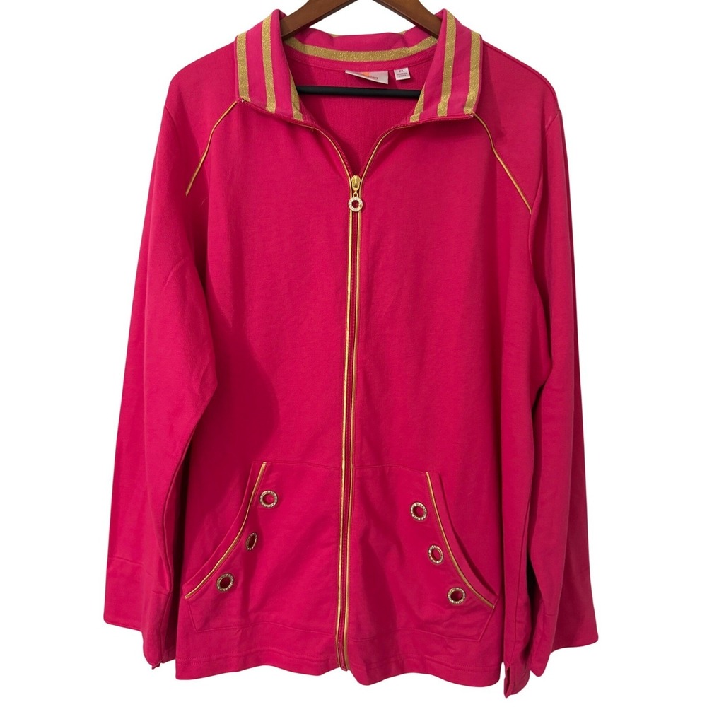 Quacker Factory Pink Full Zip Jacket Gold Trim Rhinestone Grommets Womens 2X